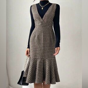 SHEIN Black and Brown Houndstooth Long Sleeve Dress